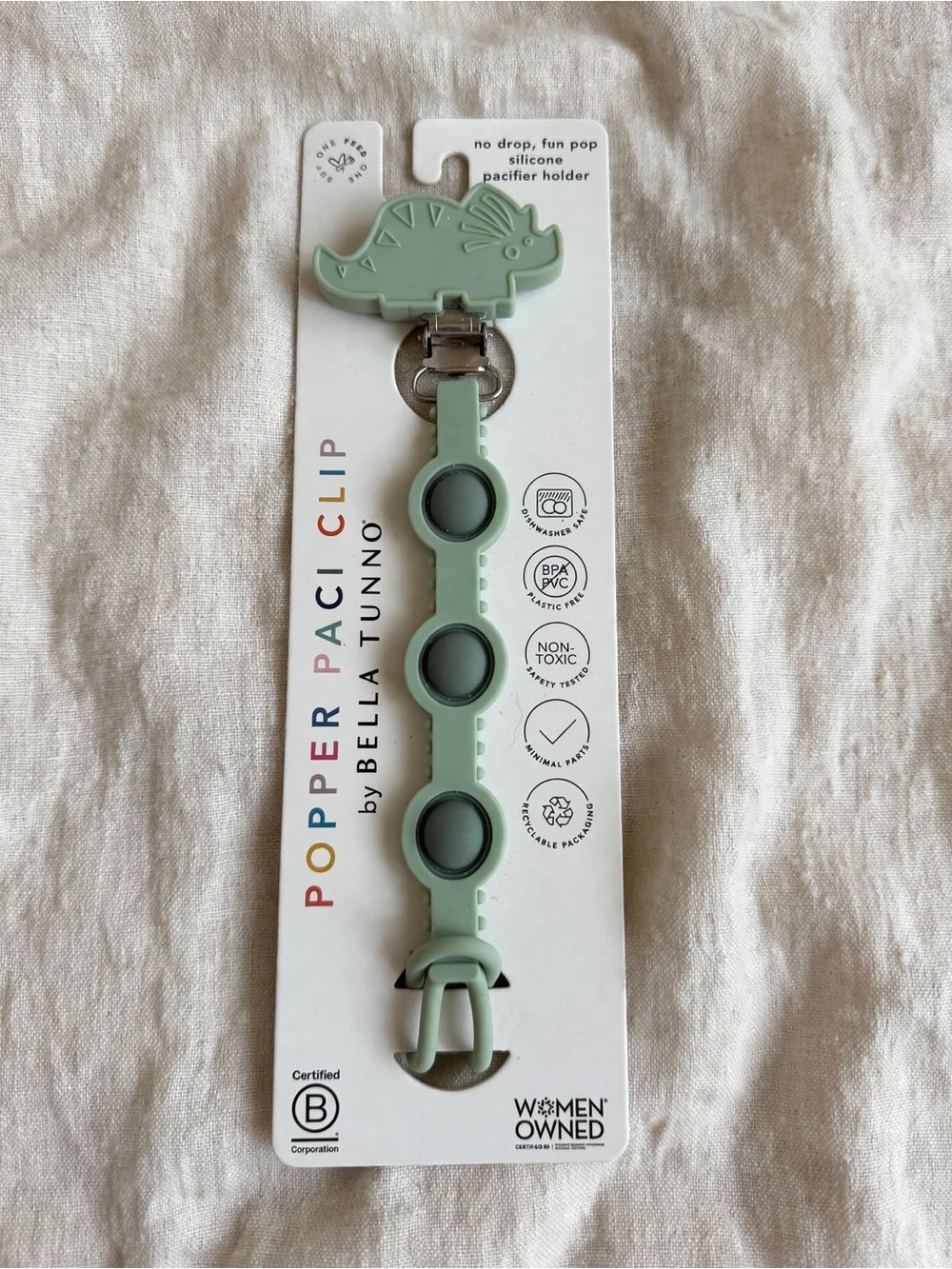 Bella Tunno Popper Paci Clip Dino Sage Green Silicone Pacifier Holder NWT